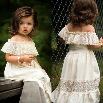 2019 Bamblys Vaikams Baby Girl Dress Vasaros Off-Pečių Nėrinių Pynimas Princesė Šalies Trumpomis Rankovėmis Suknelės, Laisvalaikio Drabužiai, Drabužių
