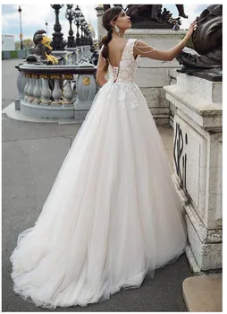 2019 Dramblio kaulo Vestuvių Suknelės, Elegantiškos Nėrinių Appliqued Nuotakos Suknelės Traukinio Iliuzija nuotakos Suknelė Grindų Ilgis Vestuvių Suknelė