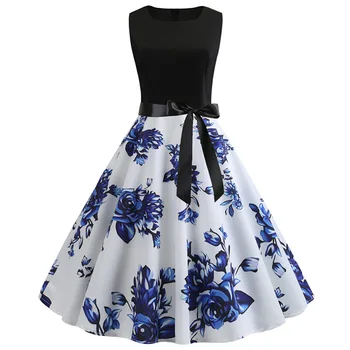 2019 Moterų Berankovis Vasaros Sūpynės 50s 60s Rockabilly Drabužius, Vintage Suknelė Gėlių Spausdinti Plius Dydis Pin Up Šalis Suknelė su Diržu