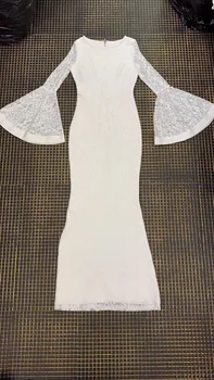 2019 Naujas Moterų balta Maxi ilga suknelė O-Kaklo, ilgomis rankovėmis Kulkšnies Ilgio Garsenybių Vakare Šalies Bodycon Vestido tvarstis suknelės