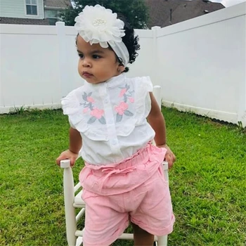 2019 Naujas Vaikas Baby Girl Gėlių Topai Marškinėliai ir Trumpas Kelnes Pynimas Komplektus Sunsuit Drabužiai