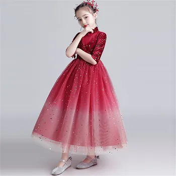 2019Autumn Žiemos Elegantiškas Naujas Vyno raudona Atostogų Gimtadienio vakarėlio Princesė Ilga Suknelė Vaikų Mergaičių Šiltas Priimančiosios Kostiumai Suknelė