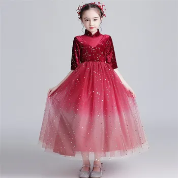 2019Autumn Žiemos Elegantiškas Naujas Vyno raudona Atostogų Gimtadienio vakarėlio Princesė Ilga Suknelė Vaikų Mergaičių Šiltas Priimančiosios Kostiumai Suknelė