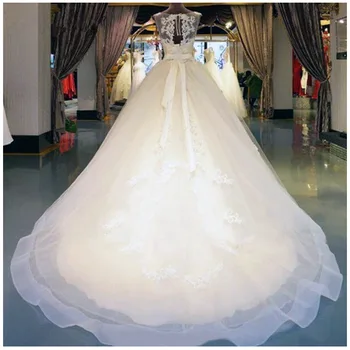 2020 Gražus-Line Rankovių Tiulio Vestuvių Suknelės Pagal Užsakymą Pagaminti Teismas Traukinio Iliuzija Iškirpte Appliques Elegantiškos Vestuvinės Suknelės