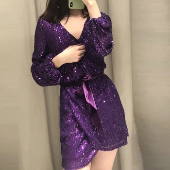 2020 m. Pavasarį Blizgančiais Aksomo Varčias Seksualus V-Kaklo Mini Suknelė Moterims ilgomis Rankovėmis Šalis Suknelės Moterų Vestidos de fiesta de noche