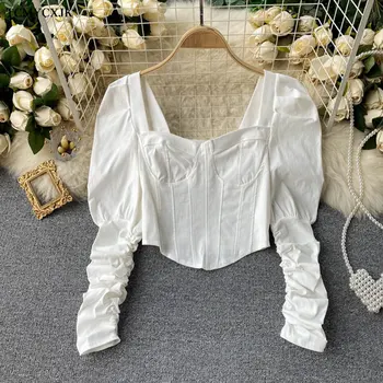 2021 Naują Pavasario Harajuku Plisuotos ilgomis Rankovėmis Moterų marškinėliai Mados Susiduria Clavicle Kvadratinių Kaklo Trumpas Viršūnes Moteris Tshirts