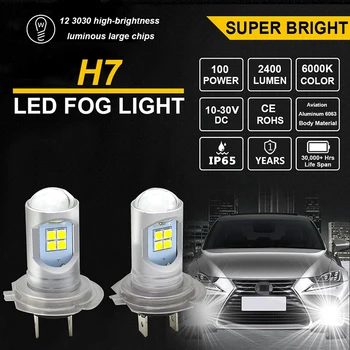 2vnt H7 LED Rūko Lemputės Didelio galingumo 750 Liumenų 6000K Balta Rūko žibintai 12V