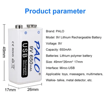 30-60pcs 9V 6F22 USB Įkrovimo Baterija (akumuliatorius 650mAh 9 Volt Li-ion Įkraunama baterija 6F22 9v Ličio Baterija