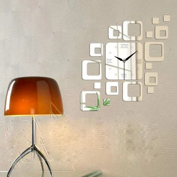 3D Akrilo Sieninis Laikrodis Kvadratų Kvarcinis Veidrodis, Sienų Lipdukai Modernus 