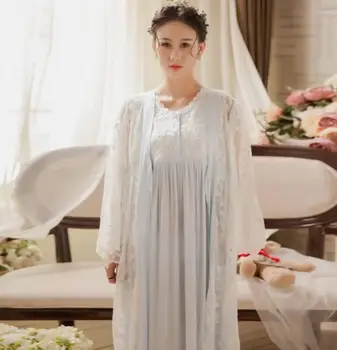 4 Spalvų 2019 Naują Pavasario Rudens Moterų Princesė Pižama Saldus Nėrinių Aplikacija Skraiste Suknelė Rinkiniai Gazas Sleepwear Nightdress