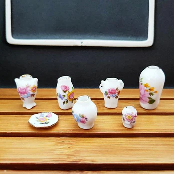 7Pcs/daug Mini 1:12 Miniatiūriniai Lėlių Porceliano Gėlių Vaza Lėlės Namas Priedai Simulaiton Baldai, Žaislai