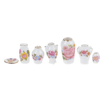 7Pcs/daug Mini 1:12 Miniatiūriniai Lėlių Porceliano Gėlių Vaza Lėlės Namas Priedai Simulaiton Baldai, Žaislai
