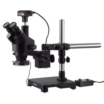 AmScope 7X-45X Juoda Trinokulinis Stereo, Zoom Mikroskopą ant Vienos Rankos Bumas Stovas + 144 LED Žiedas-šviesos su 10MP USB3.0 Fotoaparatas
