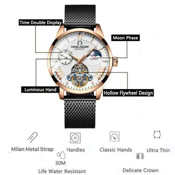 Automatinis laikrodis Vyrams, Vandeniui Vyrai Laikrodžiai Verslo Mechaninė Žiūrėti Odinis Dirželis Laikrodis Reloj Hombre Garsaus Žiūrėti LOUIE