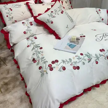Balta ir raudona išsiuvinėti Egipto medvilnės namas de couette ir pagalvių užvalkalai patalynės komplektas antklode padengti