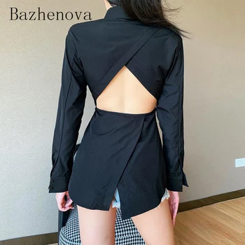Bazhenova Moterų Palaidinė 2020 M. Rudenį Seksualus Tuščiaviduriai Iš Marškiniai Mergaitėms Backless Žavesio vientisos Spalvos Marškinėliai Moterims Topai Marškinėliai Lady R756