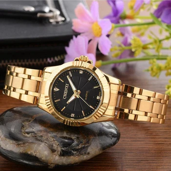 CHENXI Laikrodžiai Moterims Aukso Žiūrėti Atsitiktinis Cirkonio Dizaino Lady Nerūdijančio Plieno Kvarcinis Laikrodis atsparus Vandeniui Moterų Watch Laikrodis