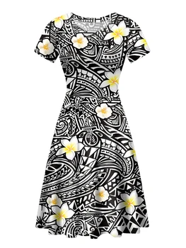 Custom Derliaus Moterys Šalis Suknelė, Havajuose, Polinezijos Gėlių Spausdinti Panele Laisvalaikio Midi Suknelė Trumpas Viršūnes Moterų Vestidos De Verano