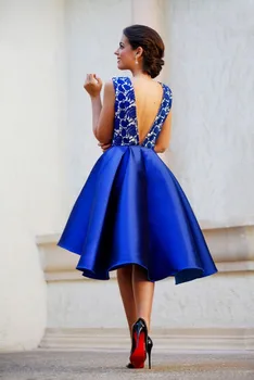 Didelis Mažas Homecoming Suknelės-line Giliai V-kaklo, Mėlyna Satino Nėriniais Elegantiškos Kokteilių Suknelės