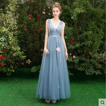 Dulkių mėlyna bridesmaid dresses naujas nėrinių 6 stiliaus vestuvių svečių suknelė ilga mantija demoiselle d ' honneur pour femme sukienki na impreze