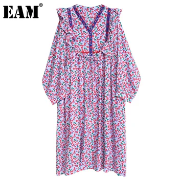 [EAM] Moterims Gėlių Raštas didelio Dydžio, Violetinė Suknelė Nauja V-Kaklo Ilgio Sluoksniuotos Rankovėmis Palaidi Tinka Mados Banga Pavasario Rudens 2021 1DD3712