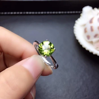 Elegantiškas Puikus bauda paprastas apvalus Natūralus žaliasis olivīns perlas Žiedas Natūralus akmuo žiedas S925 sidabro moterų mergina dovana šaliai, Papuošalai