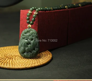 Gamtos dark green Jade Foo-Šuo Pakabukas jadite Amuletas, Talismanas 6mm Jade Granulių Žalvario Karoliukų Karoliai Pasisekė