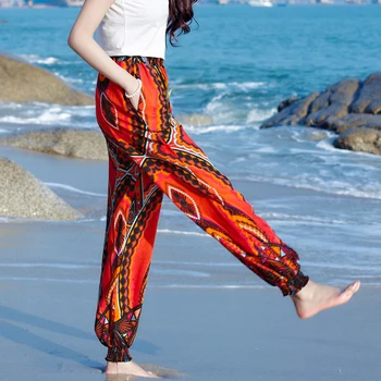 Indie Folk Moterų Boho Geometrinis Spausdinti Elastinga Juosmens Lino Žibintų Kelnės Atsitiktinis Palaidų Tailando Paplūdimio Pantalon Lininės Kelnės