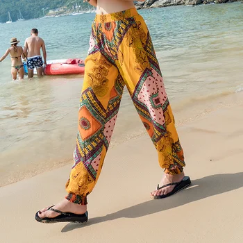 Indie Folk Moterų Boho Geometrinis Spausdinti Elastinga Juosmens Lino Žibintų Kelnės Atsitiktinis Palaidų Tailando Paplūdimio Pantalon Lininės Kelnės