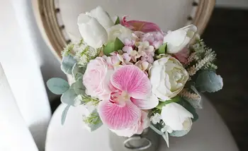 JaneVini Rožinė Phalaenopsis Bridesmaids Nuotakos Puokštė Gėlių Ūkyje Rankų Darbo Nekilnojamojo Touch White Tulip Vestuvių Puokštė Priedai