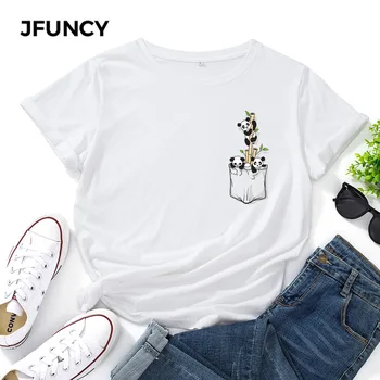 JFUNCY Trumpas Rankovės moteriški Medvilniniai marškinėliai Mielas Panda T Marškinėliai Moteriška Grafinis Tees Viršūnes Lady Marškinėlius