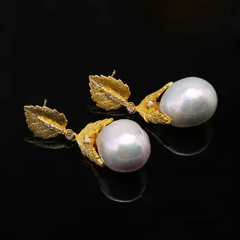 JYX Aukso Spalvos Lapų Baroko Perlų Auskarai gamtos dirbtiniu būdu išauginti perlai lašas auskarai 14.5*18mm sidabras 925