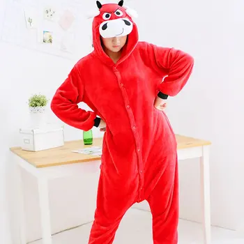 Kigurumi Onesie Cosplay Unisex raudona pajama gyvūnų žiemą karvės mielas bull animacinių filmų Cosplay jumpsuits hoodies Kostiumai Sleepwear