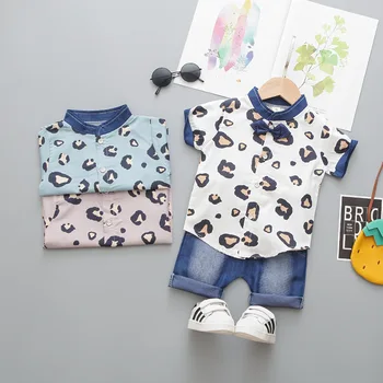Kūdikių Berniukų Leopard Print T-shirts Džinsinio Šortai Rinkiniai Vaikams Džinsai Viršūnes 2vnt Nustatyti 2020 Naują Atvykimo Pavasario Vasaros Drabužių 1-4Y BH85
