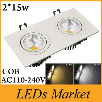 LED, COB Downlight aikštėje 2x15W 15W Led spot light namų apdailos AC85-265V Lubų, Nišoje Apšvietimo lempos +Vairuotojams CE, UL
