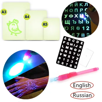 Lietuvių rusų A5 3D Magic LED Šviesos Piešimo Lenta Su Šviesos Grafiti Doodle Liuminescencinės Raštu Tabletė Eskizų bloknotas