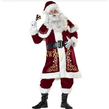 M-XXXL 2019 Naujas Prabangus Aksomas Kalėdų Senelio Kostiumas Suaugusiųjų Mens Kostiumai, pirštinės + skara+hat+drabužius+diržas+Pėdų padengti+pirštinės