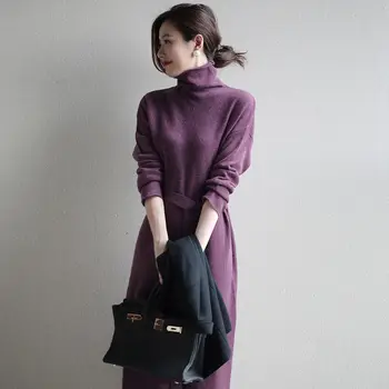 Mados aukštos kaklo megzti suknelę moterų rudenį ir žiemą nauja, nėrinių iki juosmens, vidutinio ilgio megztinis Paprastumo suknelė