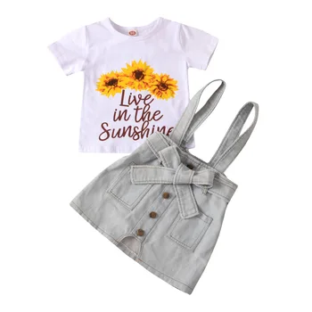 Mados mergaičių drabužių rinkiniai 2vnt vasaros saulėgrąžų T-marškinėliai+kietas mygtuką, džinsinio audinio dirželis suknelė bamblys vaikams baby girl kostiumai 2-8Y