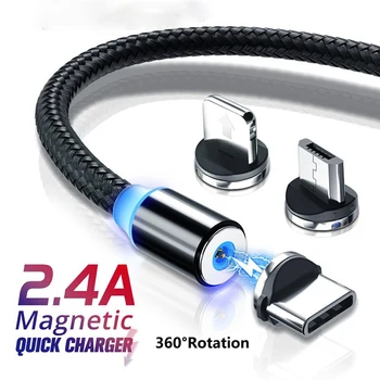 Magnetinio Micro USB C Tipo Kabelis LED Nailono Tinklelio Greito Įkrovimo Mobiliojo Telefono Magnetas Įkroviklio Laidą 