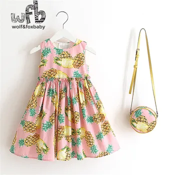 Mažmeninės prekybos 2-8 metų rankovių mergina medvilnės spausdinti suknelė + krepšys vaikų vasaros