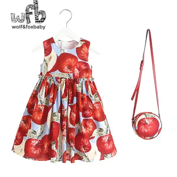Mažmeninės prekybos 2-8 metų rankovių mergina medvilnės spausdinti suknelė + krepšys vaikų vasaros