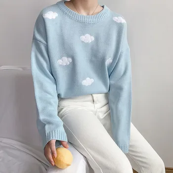 Mielas Debesys korėjos stiliaus 2020 Moterų Megztinis Kawaii Prarasti Storio Harajuku Drabužiai Moterims ilgomis rankovėmis derliaus megztas megztinis