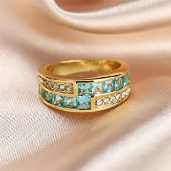 Mielas Moterų Mėlyna Kristalų Akmens Žiedas, Geltonos Aukso Spalvos Vestuviniai Žiedai Moterims Derliaus Nuotaka Geometrinis Vestuvinis Žiedas