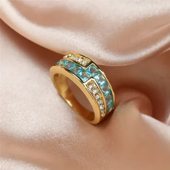Mielas Moterų Mėlyna Kristalų Akmens Žiedas, Geltonos Aukso Spalvos Vestuviniai Žiedai Moterims Derliaus Nuotaka Geometrinis Vestuvinis Žiedas