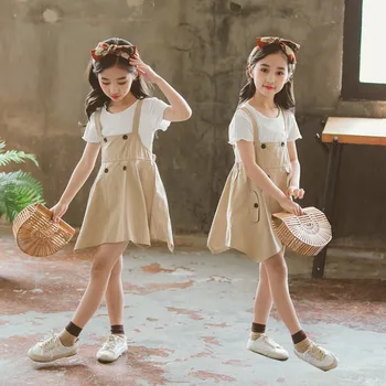 Mokykloje vaikai sijonas ir viršuje 2vnt vasaros apranga mergaitėms trumpomis rankovėmis viršūnes ir petnešos sijonai vaikų mergaičių drabužių rinkinys