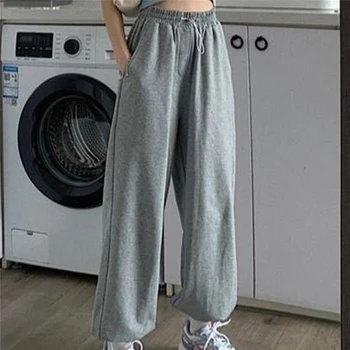 Moteris Kelnės Streetwear Korėjos Stilius Laisvas Poilsiu Moterų Sweatpants Pilka Aukšto Juosmens Komfortą Paprastų Atsitiktinis Mados Kelnės