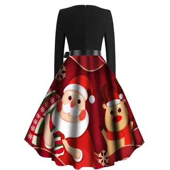 Moterys, Santa Claus Spausdinti Žiemos Suknelė ilgomis Rankovėmis Vintage Kalėdų Vakarėlį Pin up Rockabilly Suknelė Skraiste Femme, Plius dydis S~3XL