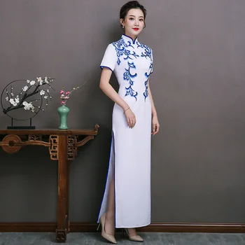 Moterų Elegantiškas Mandarinų Apykaklės Qipao Išskirtinį Appliques Apdaila Kinijos Oficialią Šalies Suknelė Trumpomis Rankovėmis Ilgai Naujovė Cheongsam