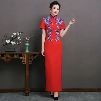 Moterų Elegantiškas Mandarinų Apykaklės Qipao Išskirtinį Appliques Apdaila Kinijos Oficialią Šalies Suknelė Trumpomis Rankovėmis Ilgai Naujovė Cheongsam